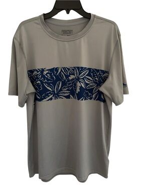 Patagonia Gray Short Sleeve Tee with Navy Floral Chest Stripe Mens Size L